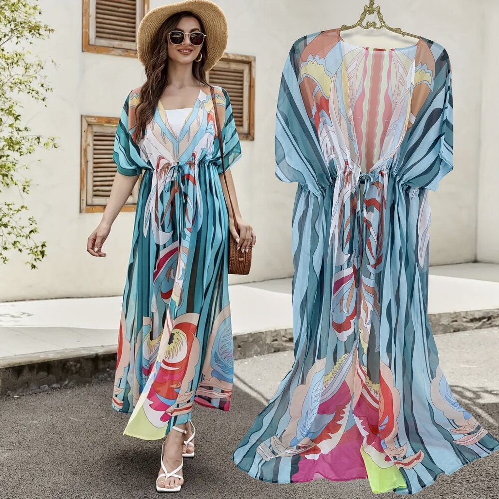 Colorful Open Beach Cover Up Maxi Duster Kimono XL
